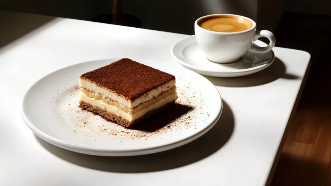 Una fetta di tiramisù al caffè, cosparsa di cacao, su un piatto bianco, accanto a una tazzina di caffè fumante.