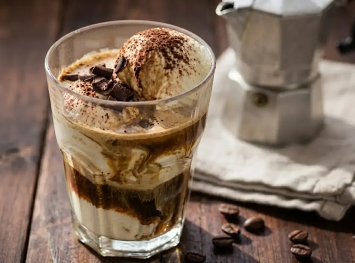 Un delizioso gelato affogato al caffè, guarnito con scaglie di cioccolato e cacao, pronto per essere gustato.