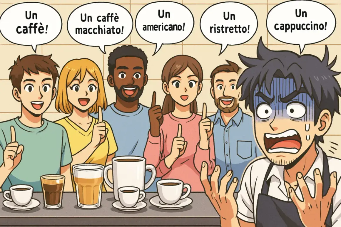 Al bar, un cliente ordina un caffè macchiato freddo, ma il barista è sopraffatto dalle richieste.