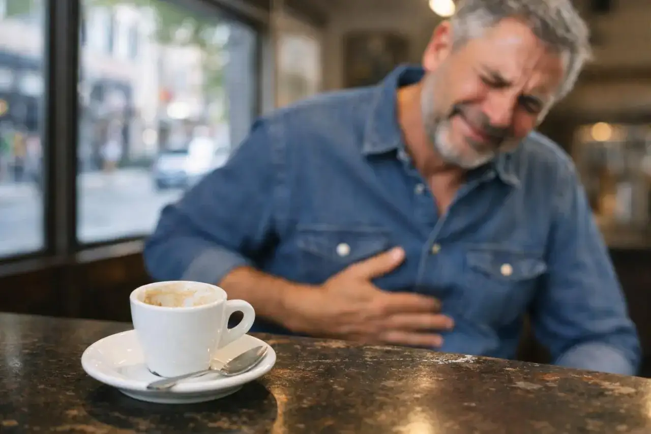 Uomo con espressione sofferente tiene la mano sullo stomaco, con una tazzina di caff&egrave; vuota davanti. Potrebbe soffrire di intolleranza al caff&egrave;, sintomi evidenti.