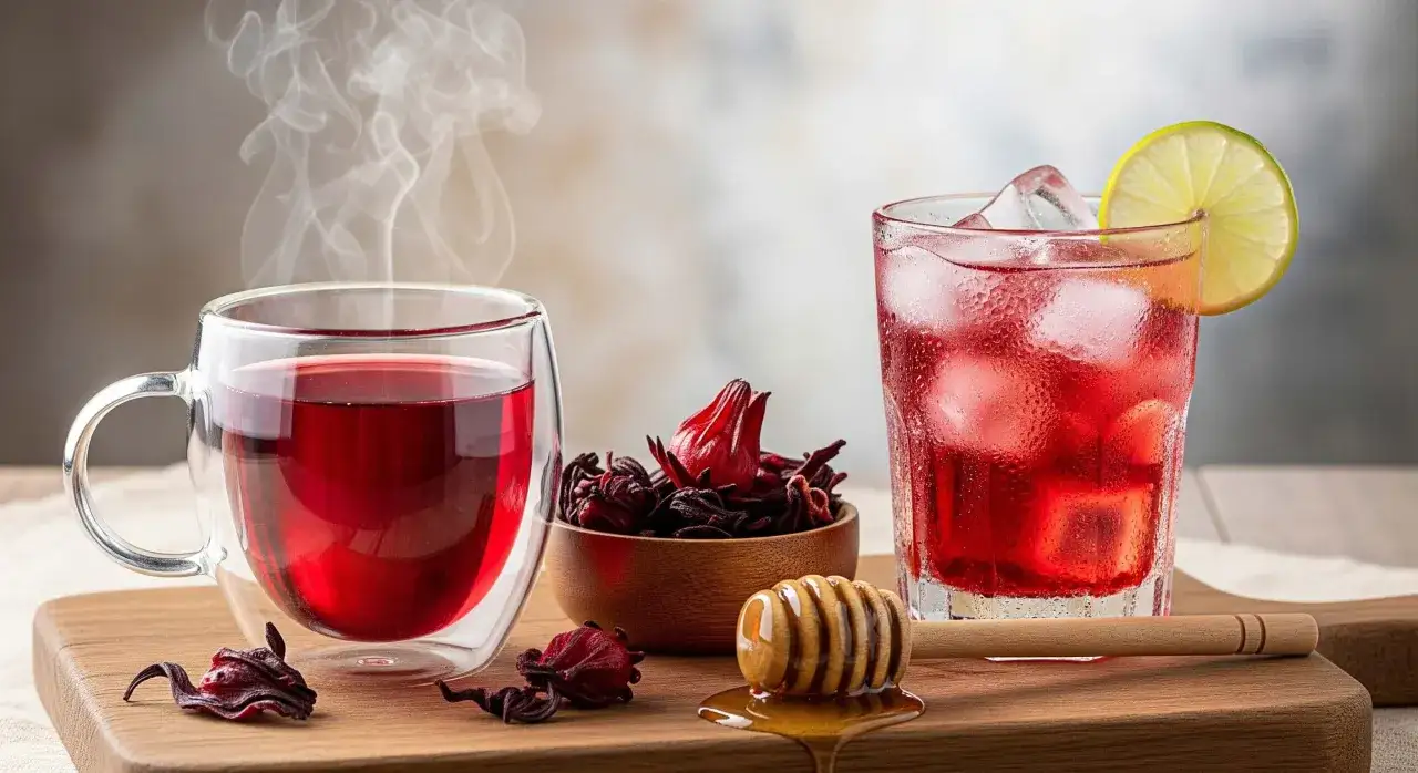 Tè caldo e freddo all'ibisco, con fiori secchi e miele. Scopri le proprietà e controindicazioni dell'ibisco.