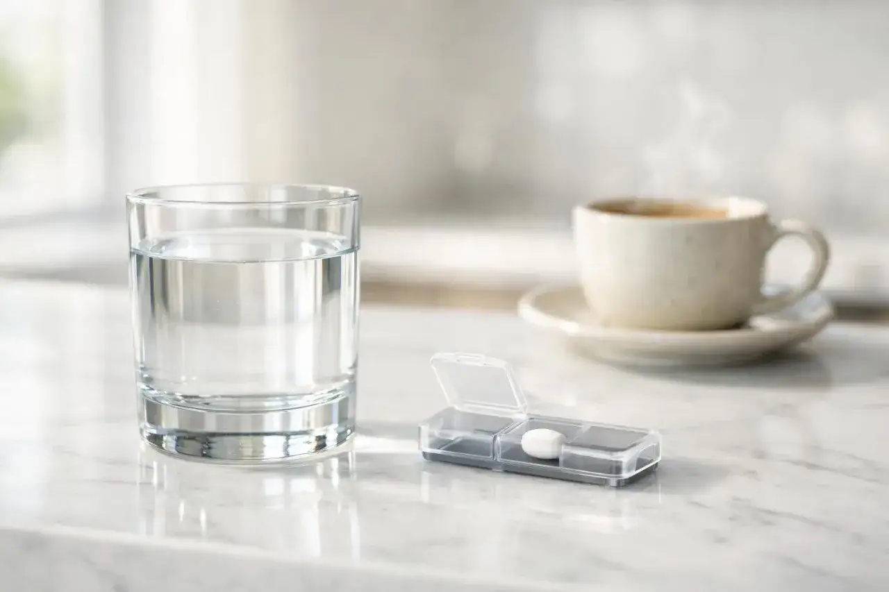 Un bicchiere d'acqua, una pillola in un portapillole e una tazza di caff&egrave; fumante. La routine mattutina per affrontare la giornata, magari con una tachipirina e caff&egrave;.