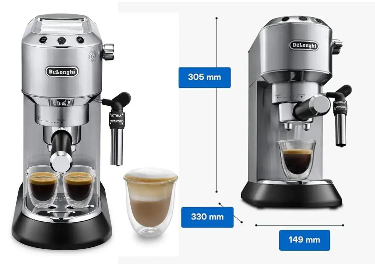 Macchina caffè DeLonghi: scopri come funziona per preparare espresso e cappuccino perfetti. Dimensioni: 305x149x330 mm.