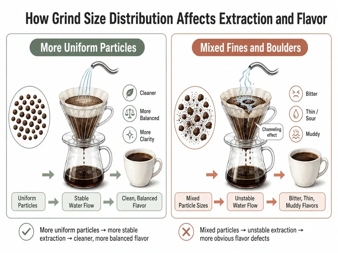 Confronto tra macinatura caff&egrave; grossa o fine: particelle uniformi per un caff&egrave; pulito e bilanciato, particelle miste per un caff&egrave; amaro e torbido.