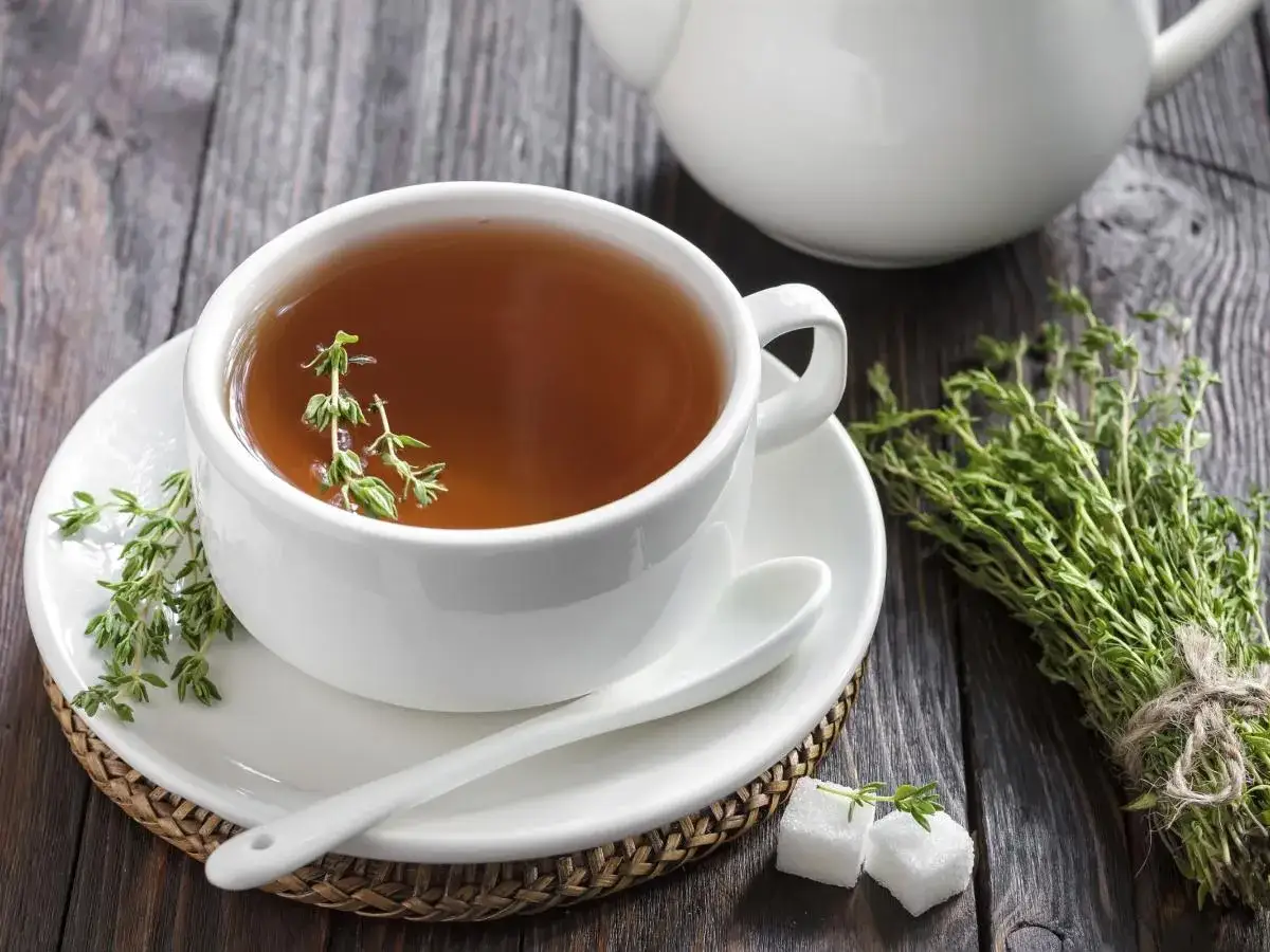 Tazza di tisana drenante con timo fresco. Informarsi sulle tisana drenante controindicazioni prima di consumarla.