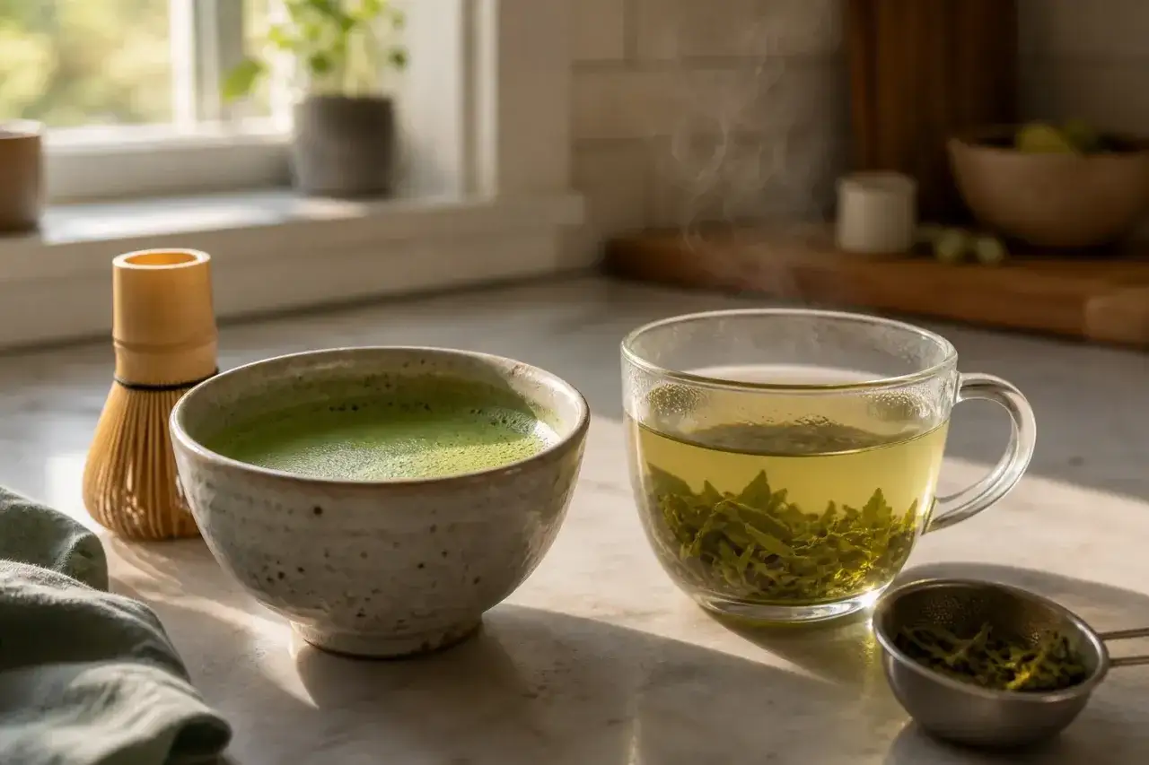 Tazza di tè verde fumante e ciotola di matcha, con frusta in bambù. Ideale per sapere quanto the verde bere al giorno.