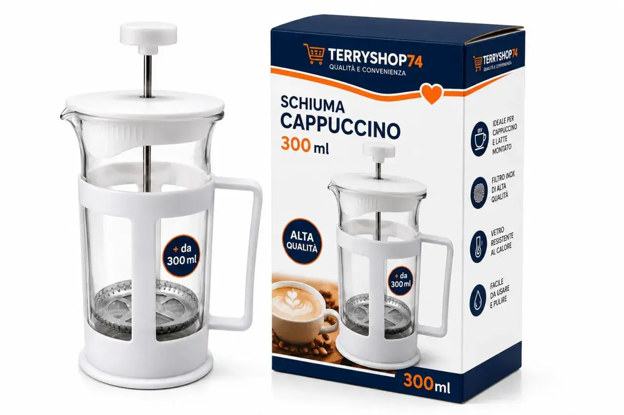 Schiumatore per cappuccino in vetro e acciaio inox, 300 ml. Perfetto per montare il latte e creare la schiuma ideale, evitando perché la schiuma del cappuccino si smonta.