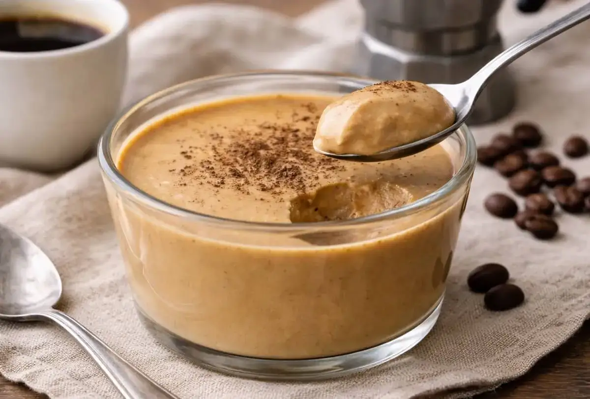 Un cucchiaio preleva una porzione cremosa di budino al caffè, cosparso di cacao, accanto a chicchi di caffè tostati.