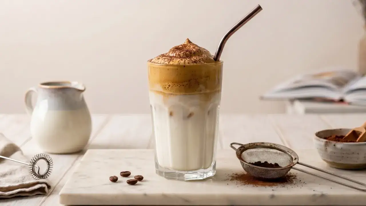 Un bicchiere di dalgona coffee con schiuma cremosa e cacao in polvere, accanto a una caraffa di latte e chicchi di caffè.