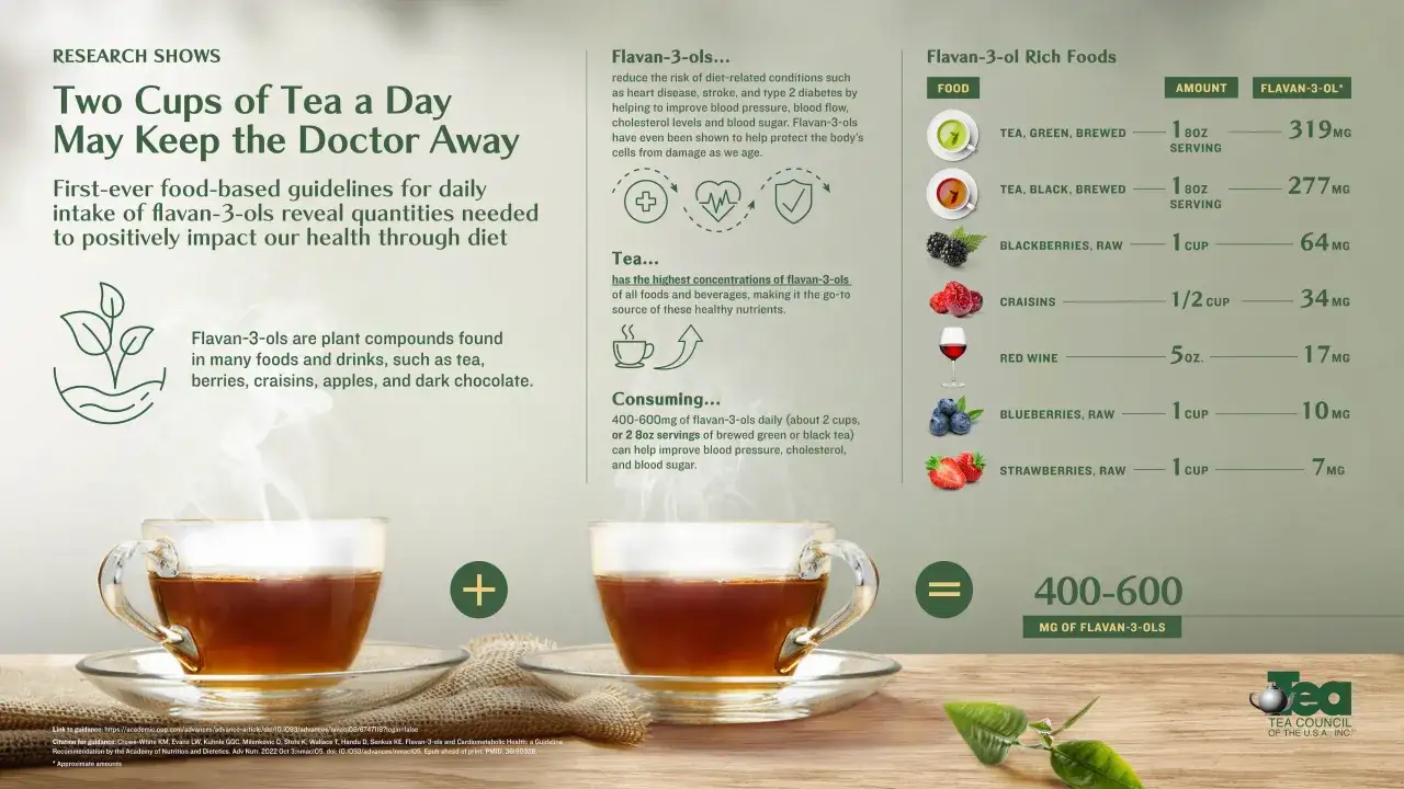 Il t&egrave; verde, ricco di flavan-3-oli, supporta la salute intestinale e cardiovascolare. Due tazze al giorno aiutano a migliorare pressione, colesterolo e zuccheri.
