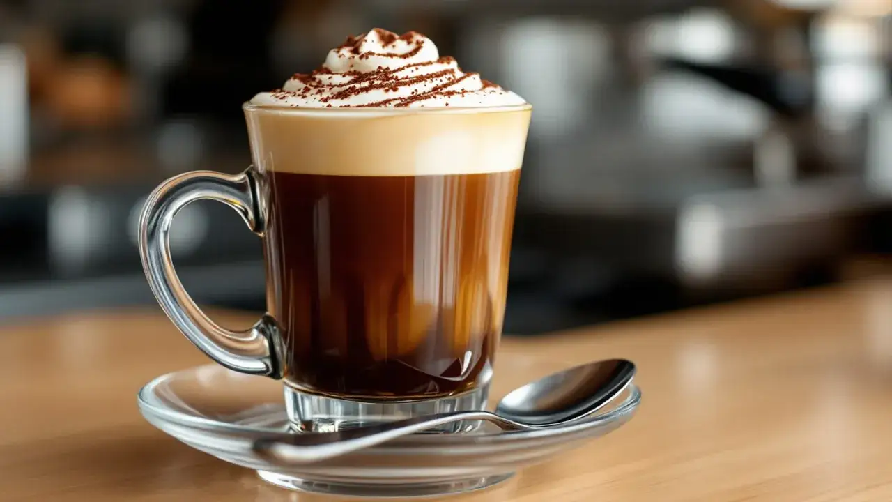 Un bicchiere di marocchino bevanda, con panna montata e cacao, su un piattino con cucchiaino.