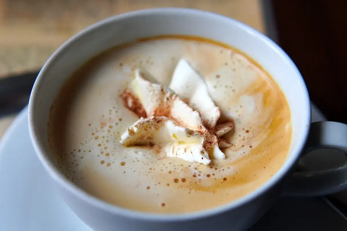 Un cremoso cappuccino con latte di soia, guarnito con panna montata e una spolverata di cannella.