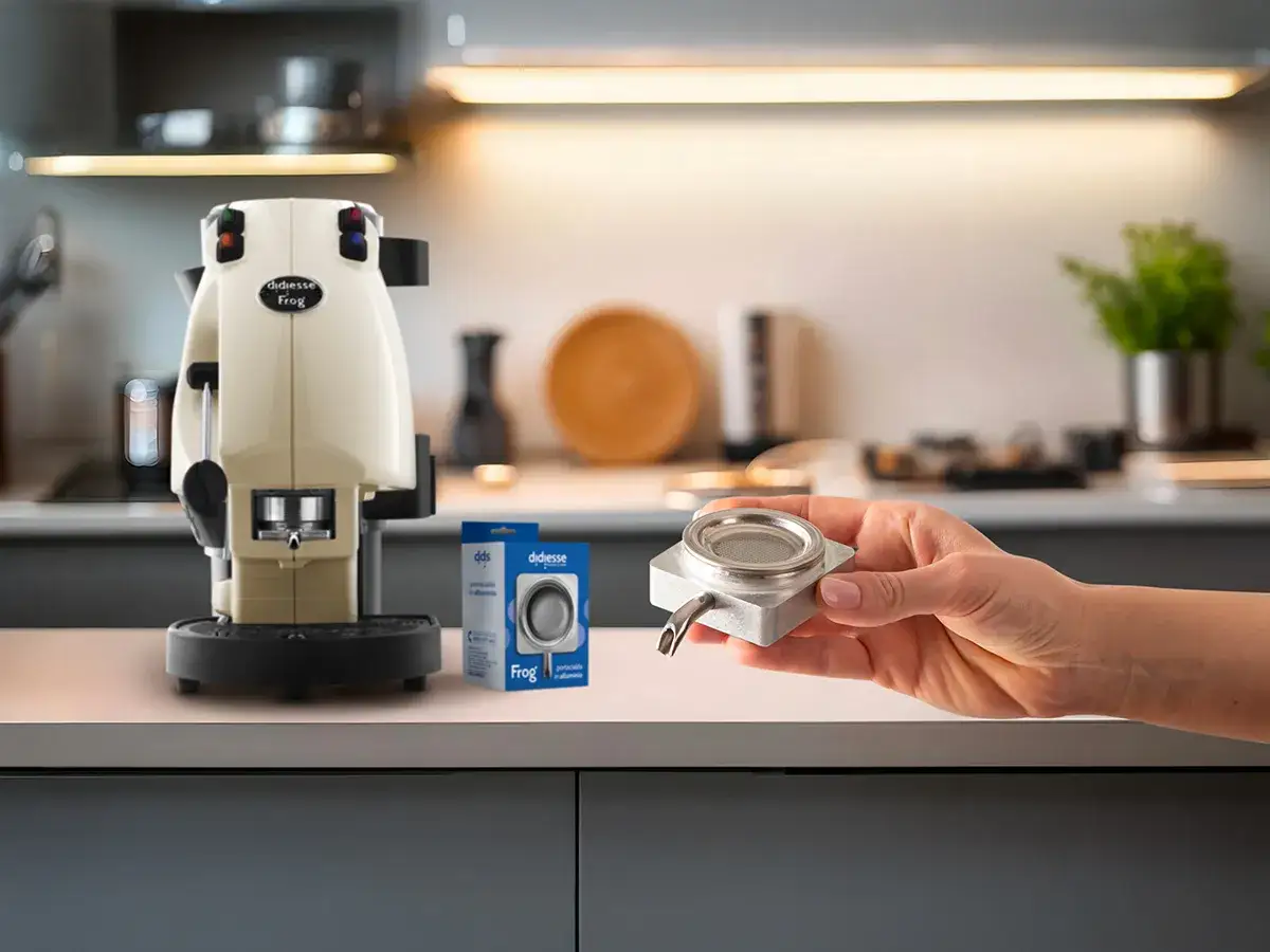 Macchina da caffè Didiesse Frog beige, con portafiltro in mano. Accessori per la regolazione braccio Frog.