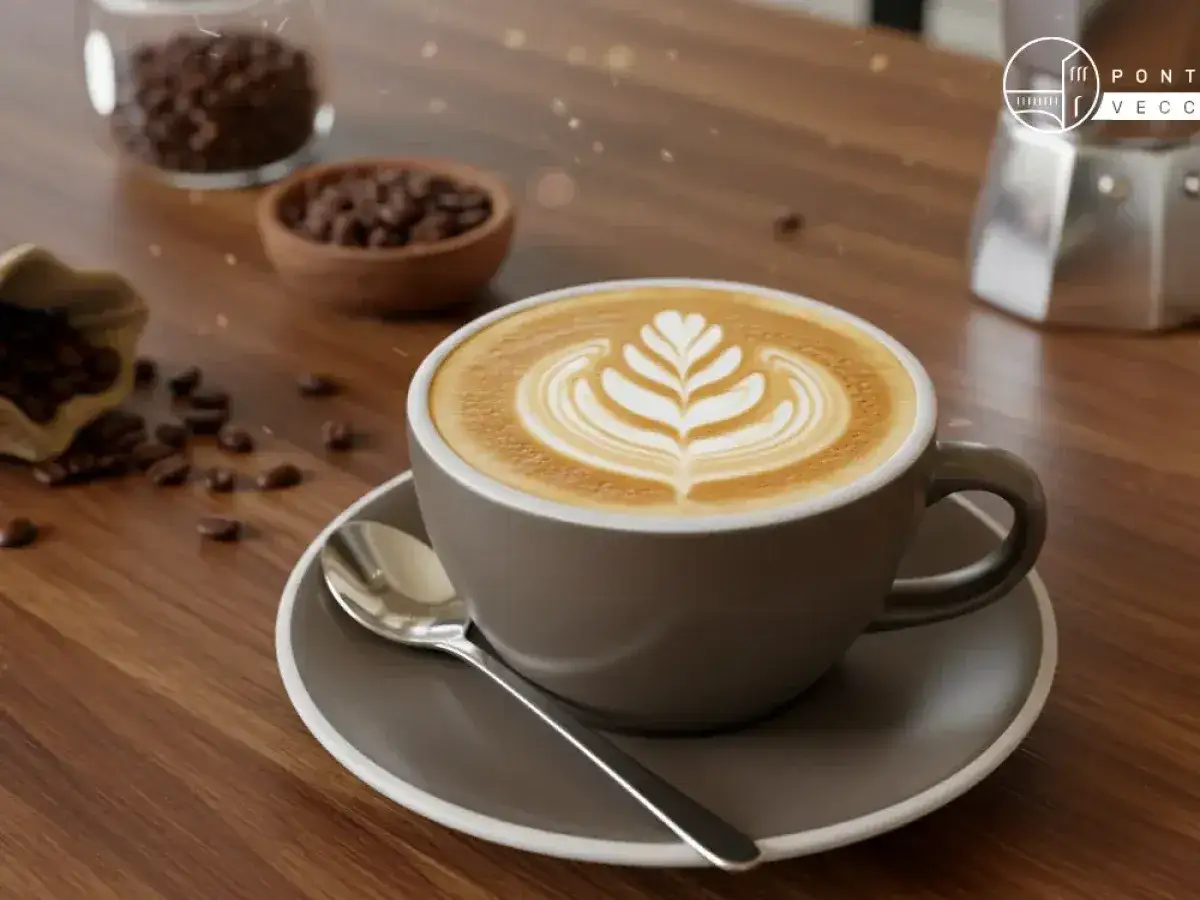 Un flat white con schiuma artistica su un tavolo di legno, chicchi di caffè sparsi e una moka sullo sfondo.