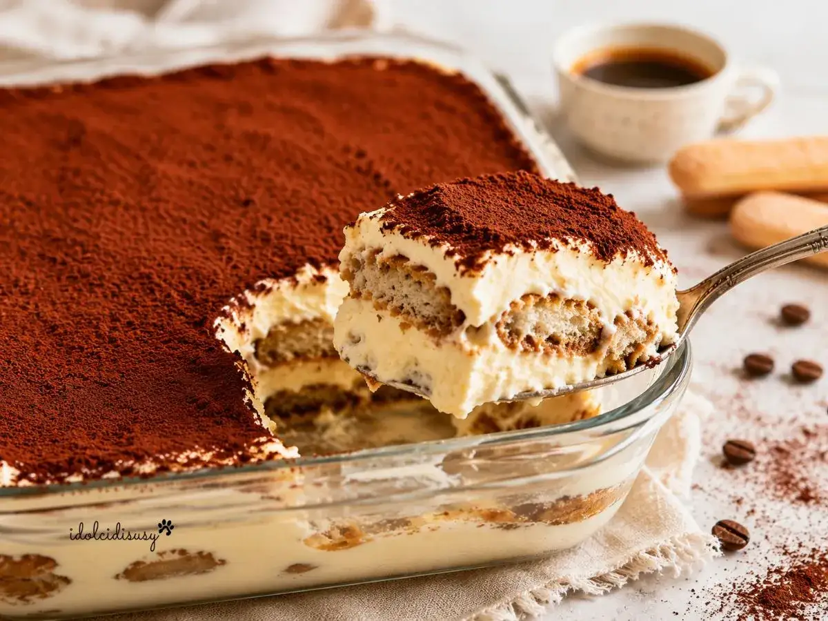 Una fetta di tiramisù al caffè, soffice e cremosa, viene sollevata da una teglia. In sottofondo, una tazzina di caffè e savoiardi.