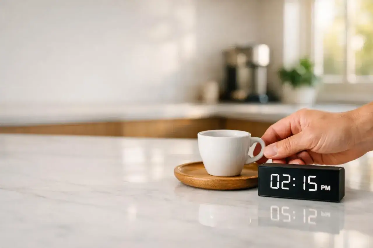 Mano prende una tazzina di caffè, l'orologio digitale segna le 2:15 PM. Forse il caffè non fa dormire stasera.