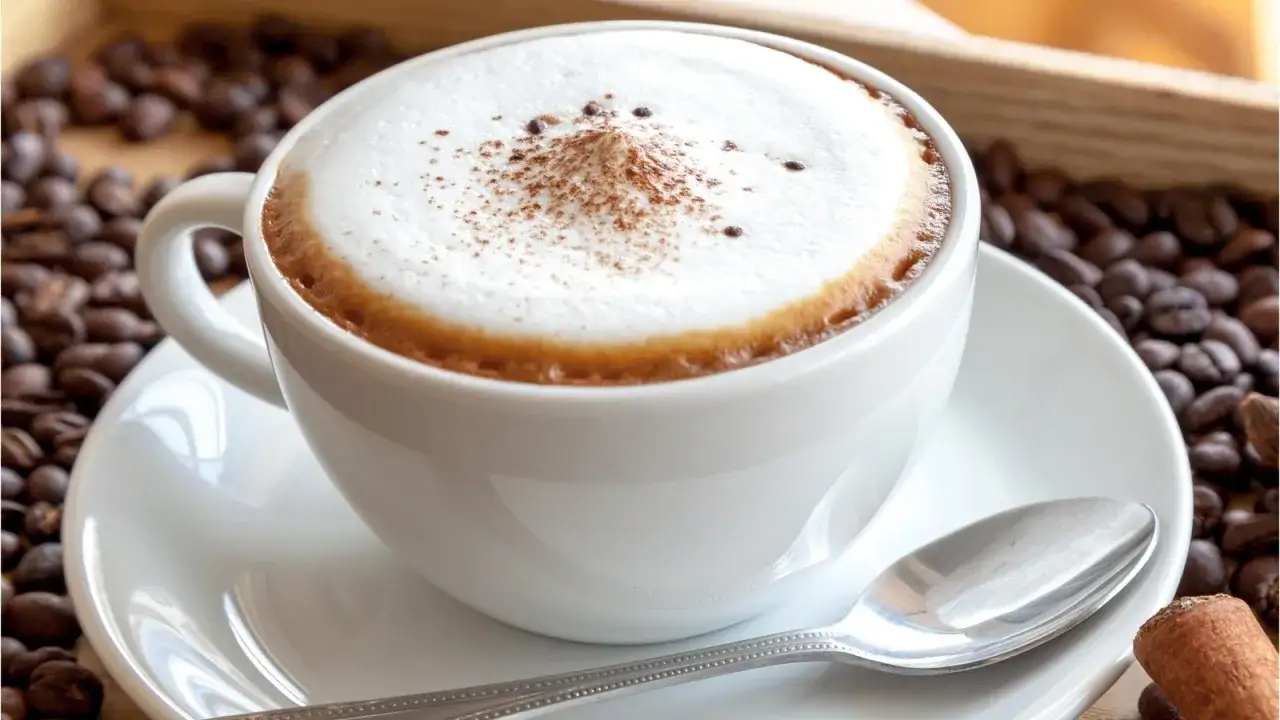 Tazza di cappuccino con abbondante latte montato, spolverata di cacao e chicchi di caffè tostati sullo sfondo.
