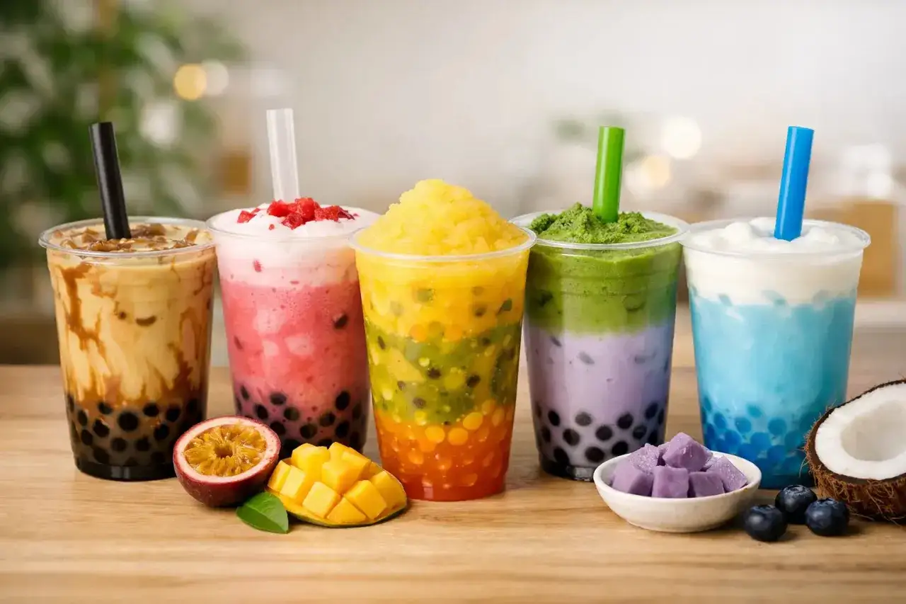 Cinque colorati bubble tea con vari ingredienti: perle di tapioca, frutta fresca, cubetti di taro e cocco.