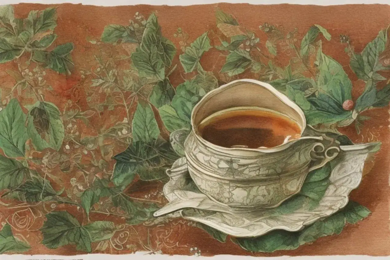 Tazza di tè Earl Grey, con i suoi benefici, tra foglie verdi e sfondo rustico.