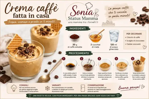 Crema caffè fatta in casa, fresca e cremosa in 5 minuti. Ricetta veloce con caffè solubile, miele e acqua ghiacciata. Perfetta per una pausa golosa.