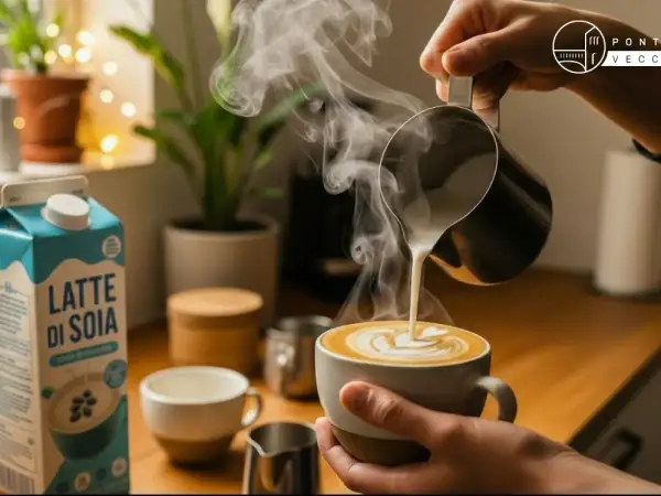 Un barista prepara un cappuccino con latte di soia, versando la schiuma in una tazza con un disegno a cuore.
