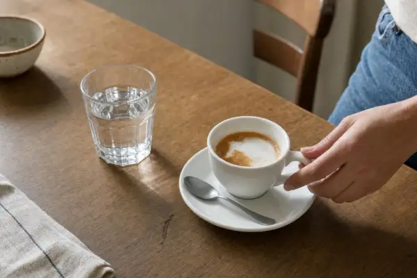Una mano afferra una tazza di cappuccino su un tavolo di legno. Ti chiedi quante calorie ha un cappuccino?