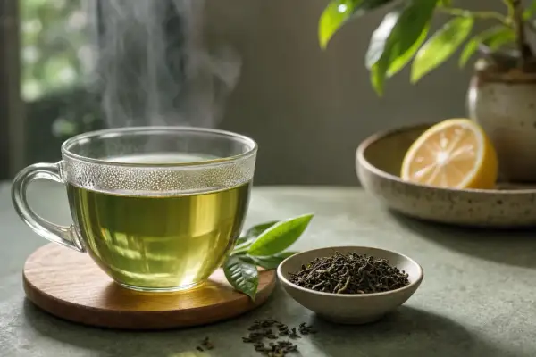 Tazza di tè verde fumante, con foglie e limone. Un aiuto naturale per il colesterolo.