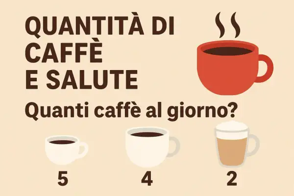 Quantità di caffè e salute: quanti mg di caffeina al giorno? Immagine mostra tazze di caffè con numeri 5, 4, 2.