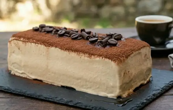 La mattonella della nonna al caffè, ricoperta di cacao e chicchi di caffè, pronta per essere gustata con un espresso.