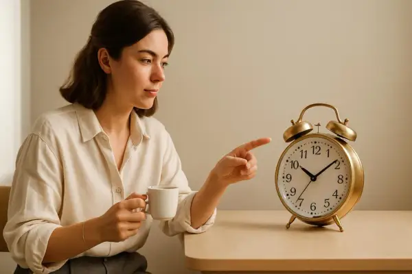 Donna con tazza di caffè indica una sveglia, pensando ai benefici del caffè per iniziare la giornata con energia.