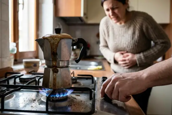 Una donna con mal di stomaco guarda una moka sul fuoco, il caffè è traboccato, un vero caffè bruciato.