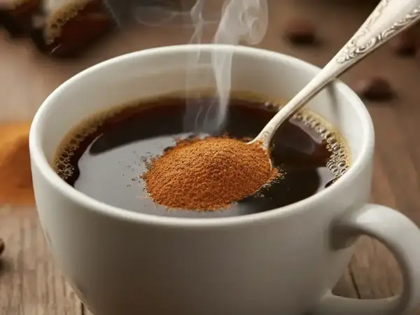 Cucchiaio con cannella in polvere sopra una tazza di caffè fumante. Scopri le cannella proprietà per un risveglio aromatico.