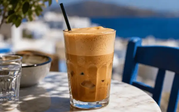Un bicchiere di cafe frappe freddo con schiuma densa, ghiaccio e una cannuccia nera, su un tavolo di marmo con sfondo sfocato di mare e case bianche.