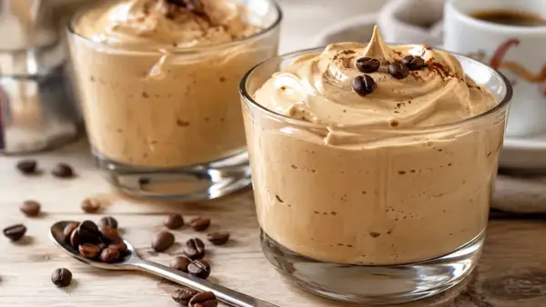 Deliziosa crema caffè in bottiglia, guarnita con chicchi di caffè e cacao. Perfetta per una pausa golosa.
