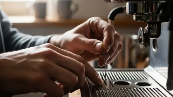 Mani che cercano di sbloccare la macchina del caffè con uno strumento sottile.