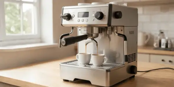 Macchina da caffè in acciaio inox che eroga due espresso in tazzine bianche. Perfetta per evitare che il caffè scenda troppo veloce.
