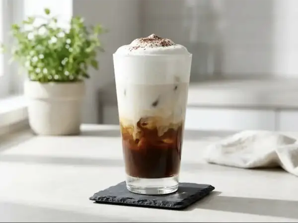 Un bicchiere alto con caffè freddo, latte e schiuma, cosparso di cacao. Ecco come si fa il caffè macchiato perfetto per l'estate.