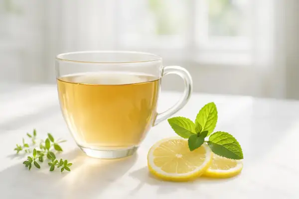 Tazza di tisana drenante con limone e menta. Informarsi sulle tisana drenante controindicazioni prima dell'uso.