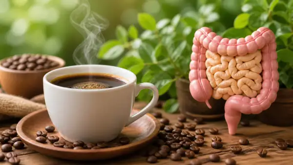 Tazza di caffè fumante accanto a un modello di intestino. Il caffè stringe, ma la natura intorno è rigogliosa.