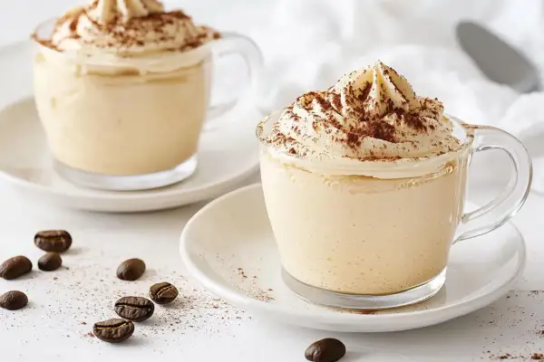 Due cappuccini con panna e cacao, un'idea per come fare il cuore nel cappuccino. Chicchi di caffè sparsi.