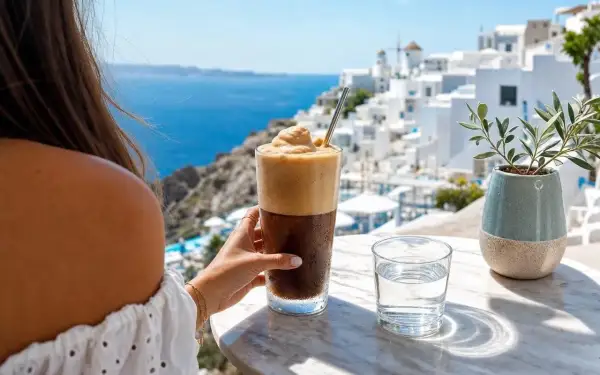 Una mano tiene un bicchiere di caffè greco freddo con schiuma abbondante, con vista su un villaggio bianco sul mare.
