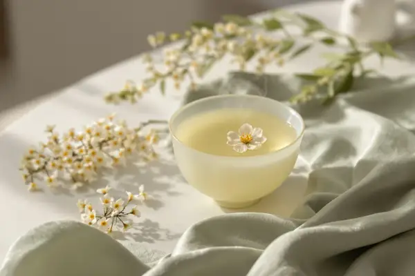 Tazza di tè con fiore di gelsomino galleggiante, circondata da rami fioriti. Le proprietà del gelsomino in un'infusione rilassante.
