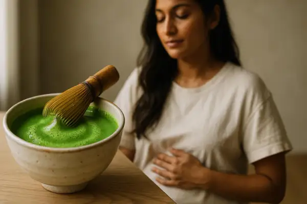 Donna con le mani sulla pancia, accanto a una ciotola di tè verde matcha, bevanda che aiuta a ridurre il grasso addominale.