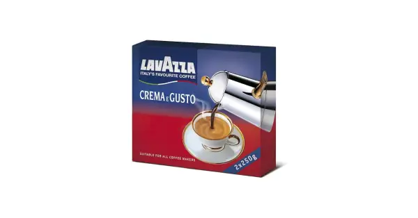 Confezione Lavazza Crema e Gusto, ideale per la moka, con caffè versato in tazzina.