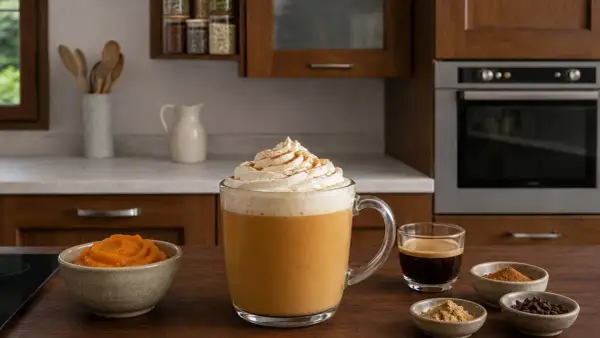 Un delizioso pumpkin spice latte Starbucks, con panna montata e cannella. Ingredienti per la ricetta in ciotoline: purea di zucca, caffè, cannella, zenzero e chiodi di garofano.