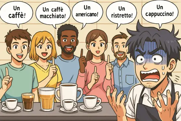 Al bar, un cliente ordina un caffè macchiato freddo, ma il barista è sopraffatto dalle richieste.